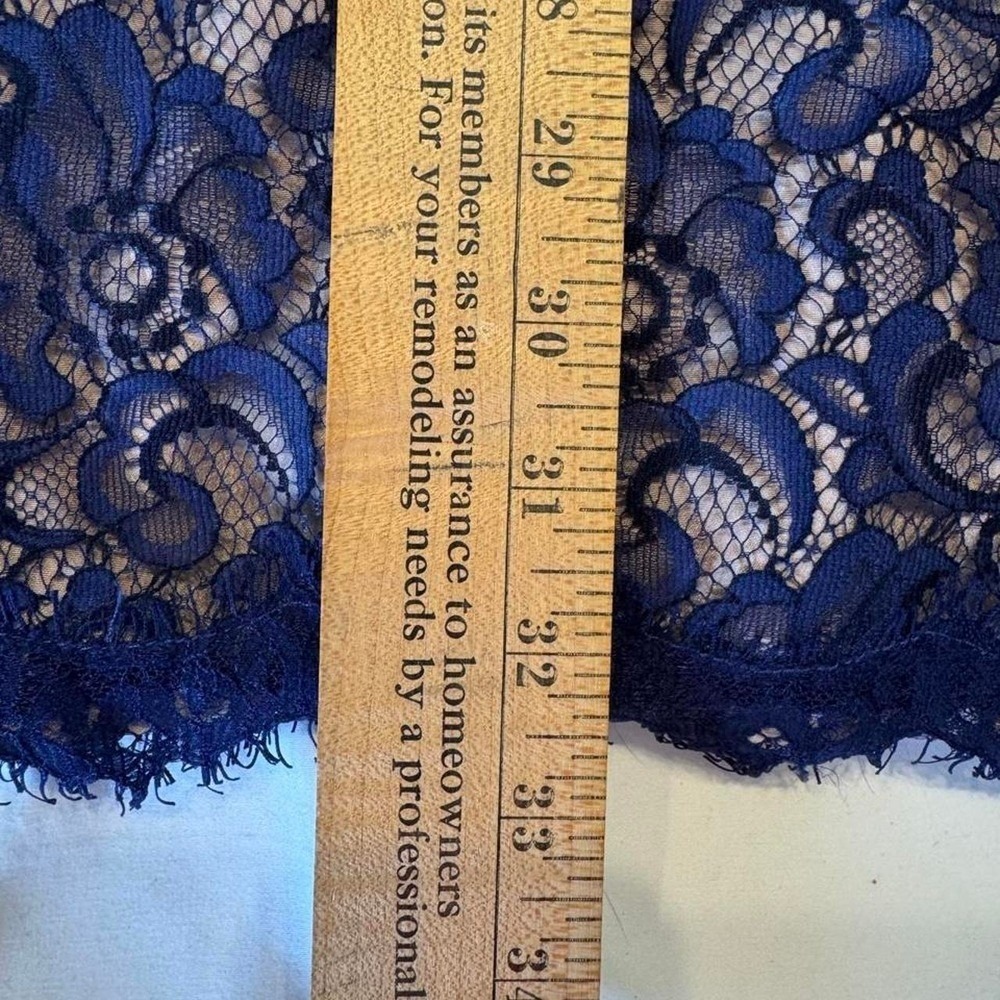 Navy Blue Floral Lace Cocktail Dress V-Neck Eyelash Hem Front Slit Wedding Guest - Picture 4 of 5